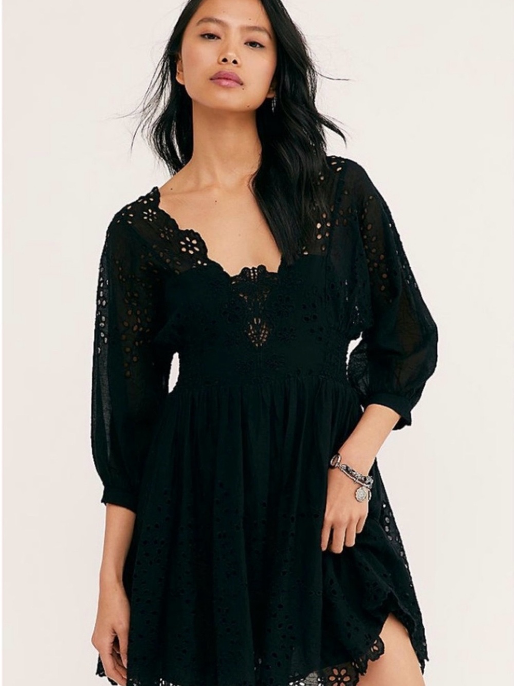 Free People One Lottie black eyelet mini dress Size Medium Boho
